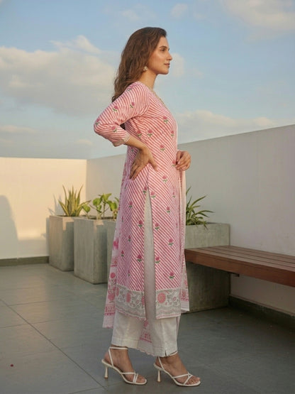 Leheriya Floral Printed Straight Kurta with Pant & Dupatta - Pink