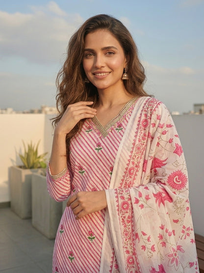 Leheriya Floral Printed Straight Kurta with Pant & Dupatta - Pink