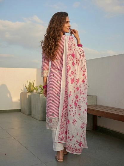 Leheriya Floral Printed Straight Kurta with Pant & Dupatta - Pink