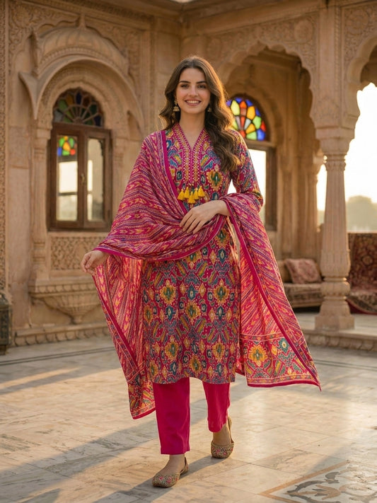 Ethnic Geometric & Floral Printed Straight Kurta with Pant & Dupatta - Fuchsia Pink