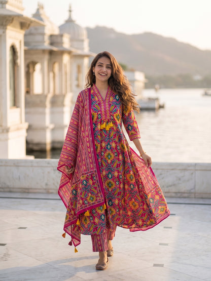 Ethnic Geometric & Floral Printed Straight Kurta with Pant & Dupatta - Fuchsia Pink