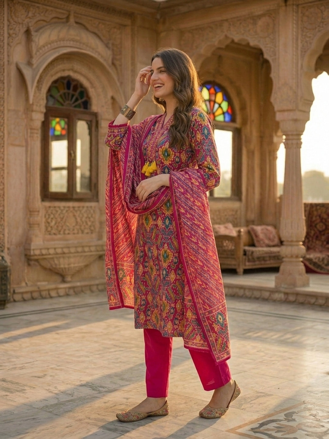 Ethnic Geometric & Floral Printed Straight Kurta with Pant & Dupatta - Fuchsia Pink