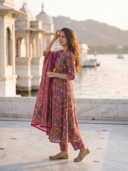 Ethnic Geometric & Floral Printed Straight Kurta with Pant & Dupatta - Fuchsia Pink