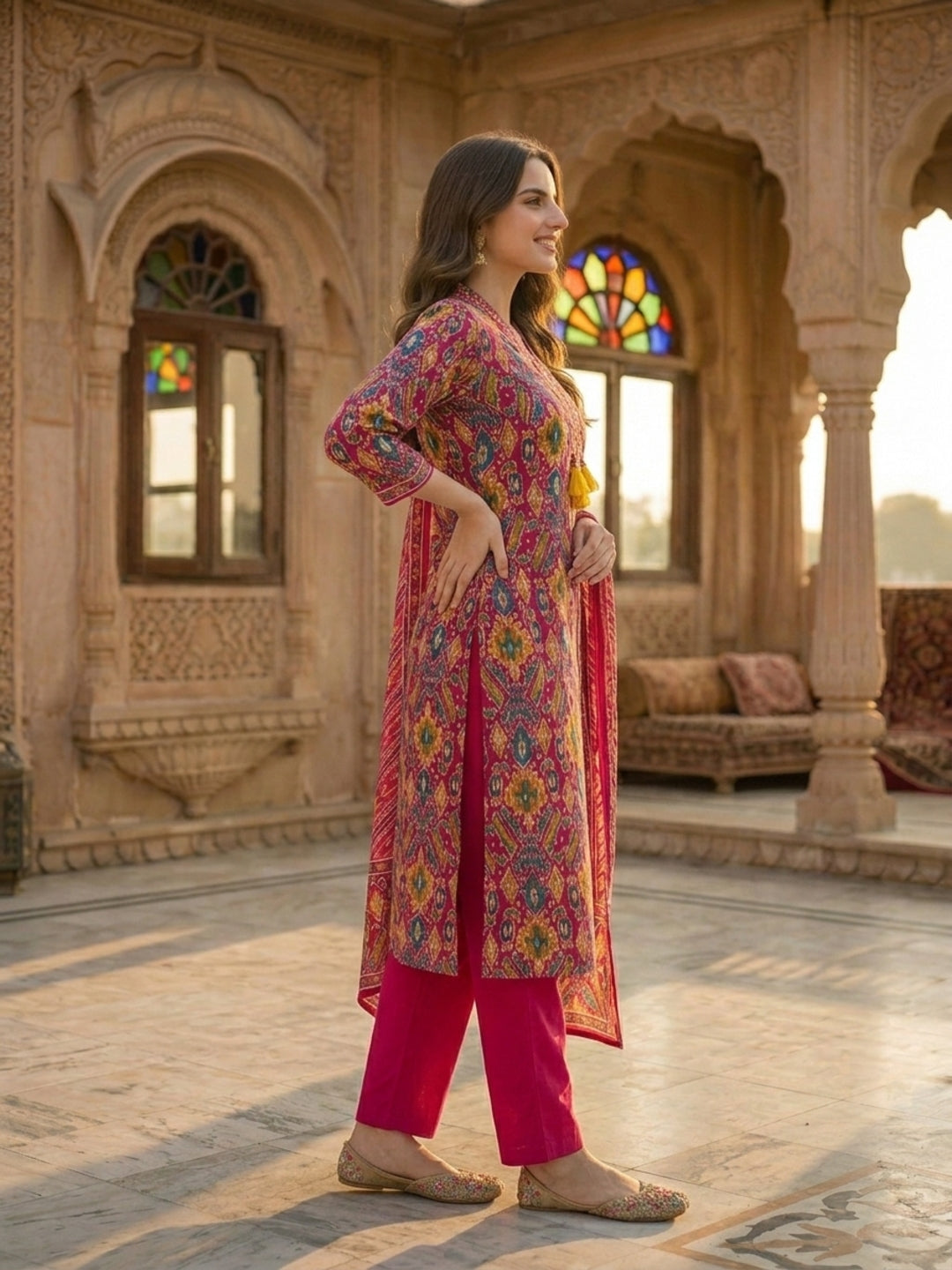Ethnic Geometric & Floral Printed Straight Kurta with Pant & Dupatta - Fuchsia Pink