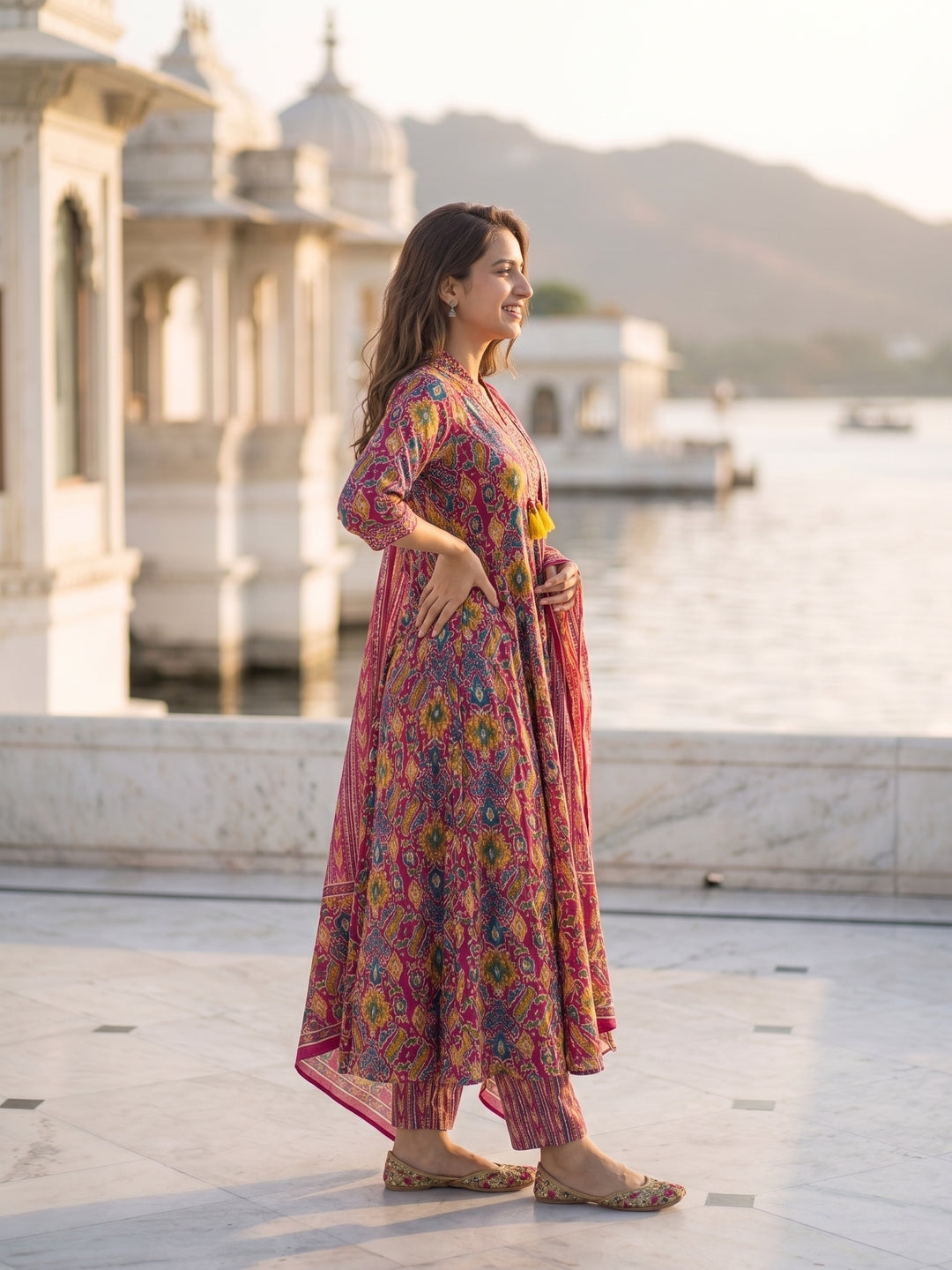 Ethnic Geometric & Floral Printed Straight Kurta with Pant & Dupatta - Fuchsia Pink