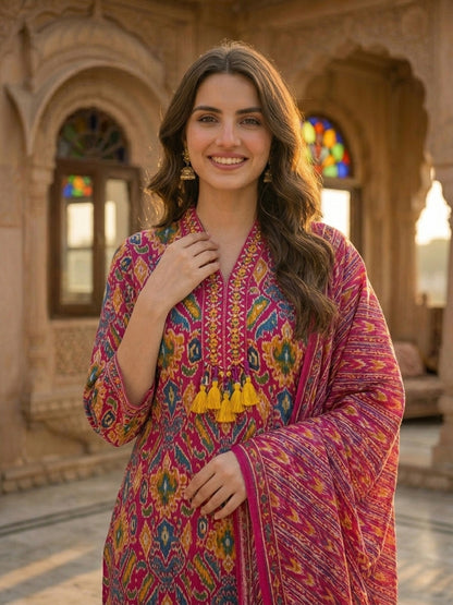 Ethnic Geometric & Floral Printed Straight Kurta with Pant & Dupatta - Fuchsia Pink