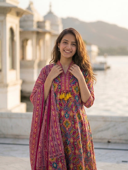 Ethnic Geometric & Floral Printed Straight Kurta with Pant & Dupatta - Fuchsia Pink