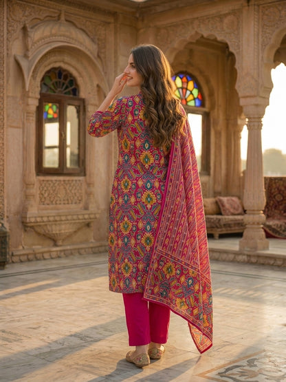 Ethnic Geometric & Floral Printed Straight Kurta with Pant & Dupatta - Fuchsia Pink