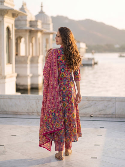 Ethnic Geometric & Floral Printed Straight Kurta with Pant & Dupatta - Fuchsia Pink