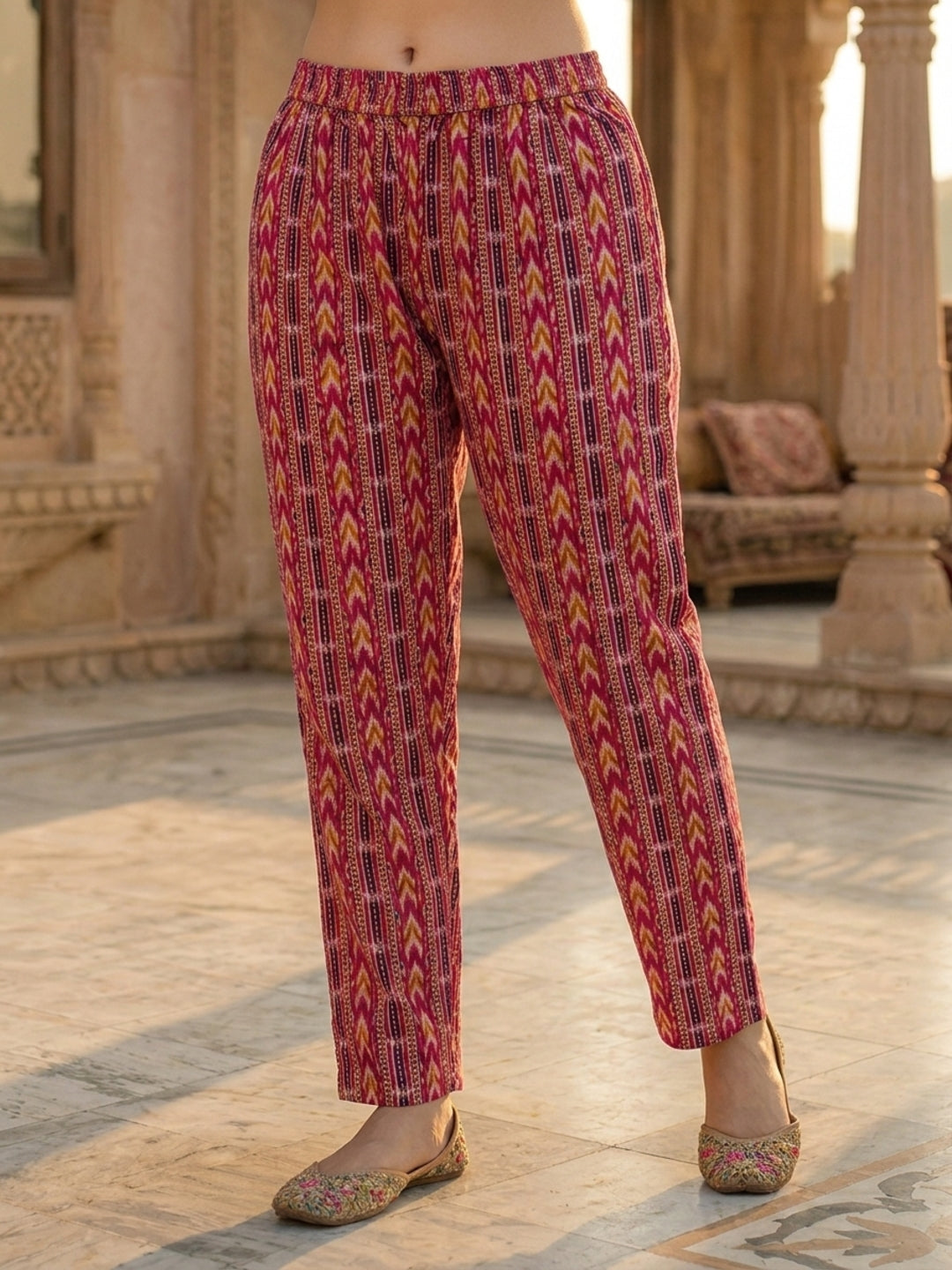 Ethnic Geometric & Floral Printed Straight Kurta with Pant & Dupatta - Fuchsia Pink