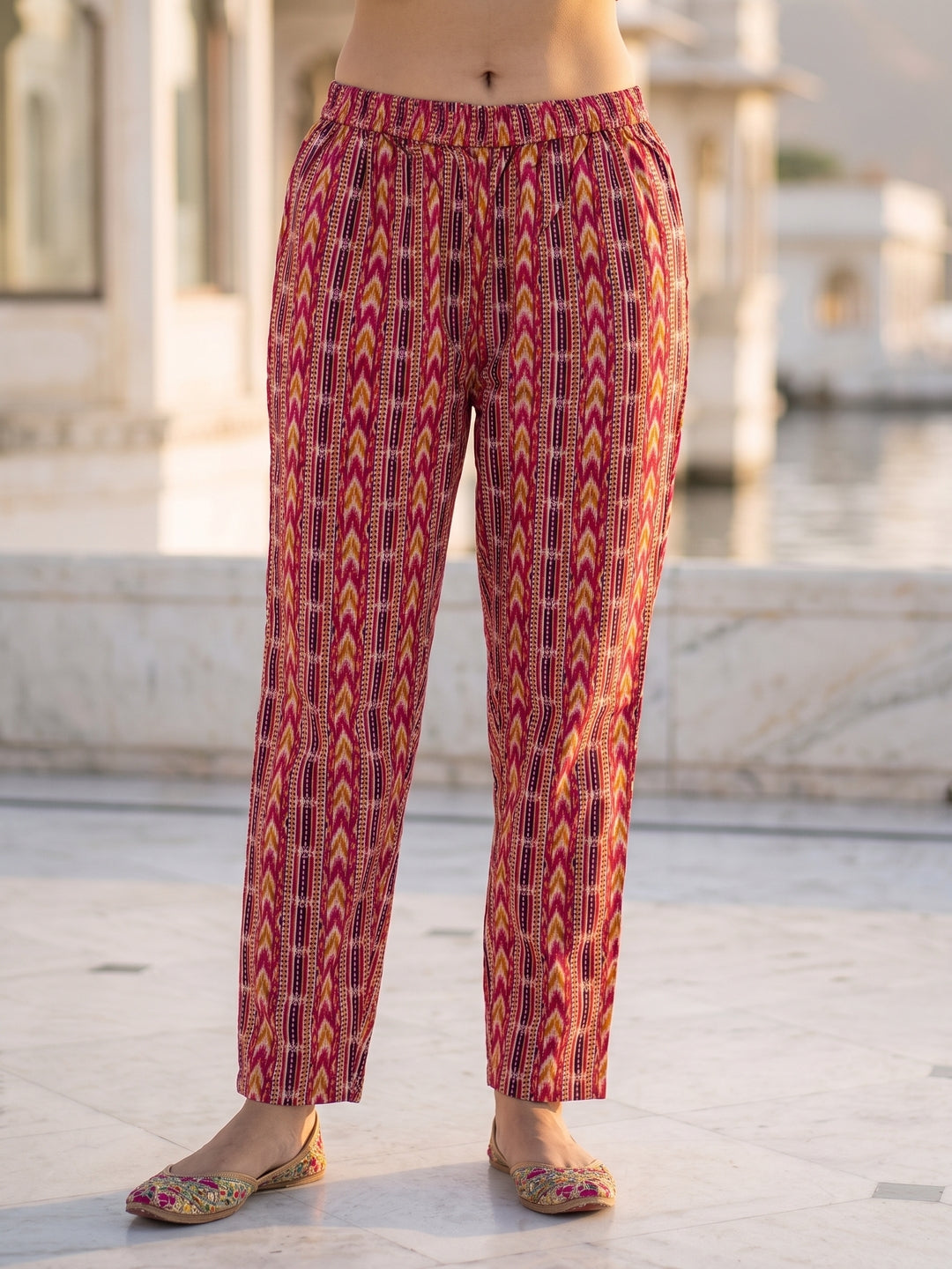 Ethnic Geometric & Floral Printed Straight Kurta with Pant & Dupatta - Fuchsia Pink