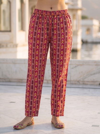 Ethnic Geometric & Floral Printed Straight Kurta with Pant & Dupatta - Fuchsia Pink