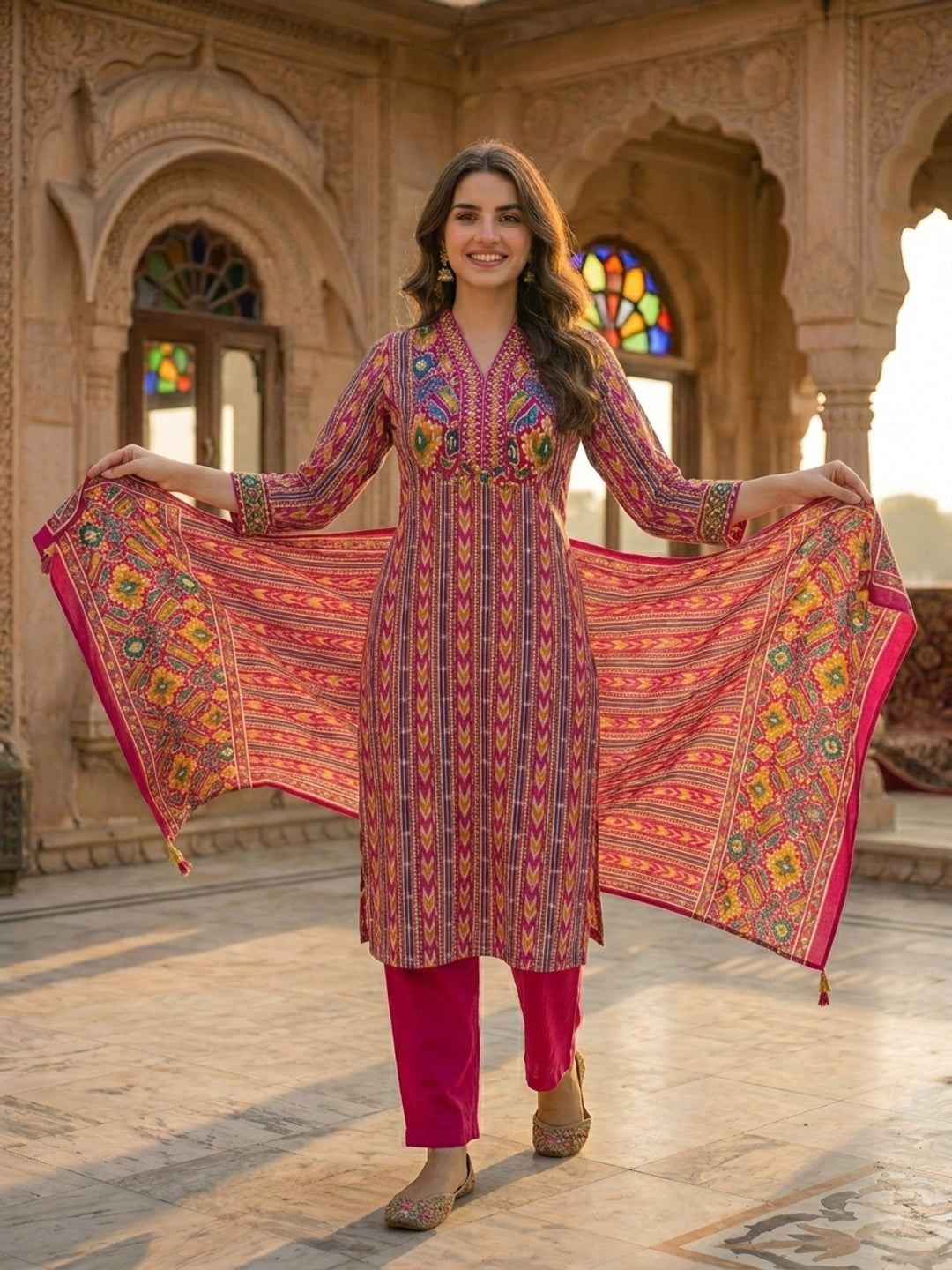 Ethnic Geometric & Floral Printed Straight Kurta with Pant & Dupatta - Fuchsia Pink