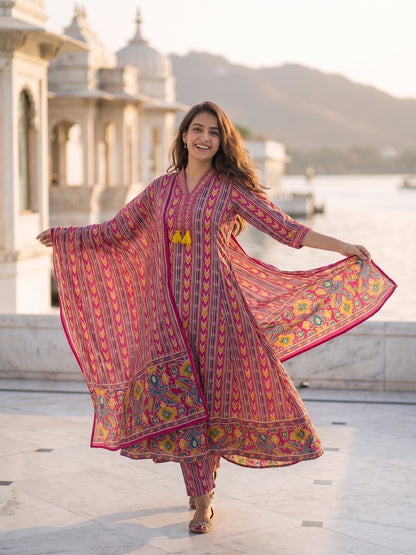 Ethnic Geometric & Floral Printed Straight Kurta with Pant & Dupatta - Fuchsia Pink