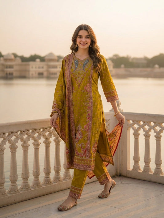 Ethnic Floral Printed Straight Kurta with Pant & Dupatta - Olive Green