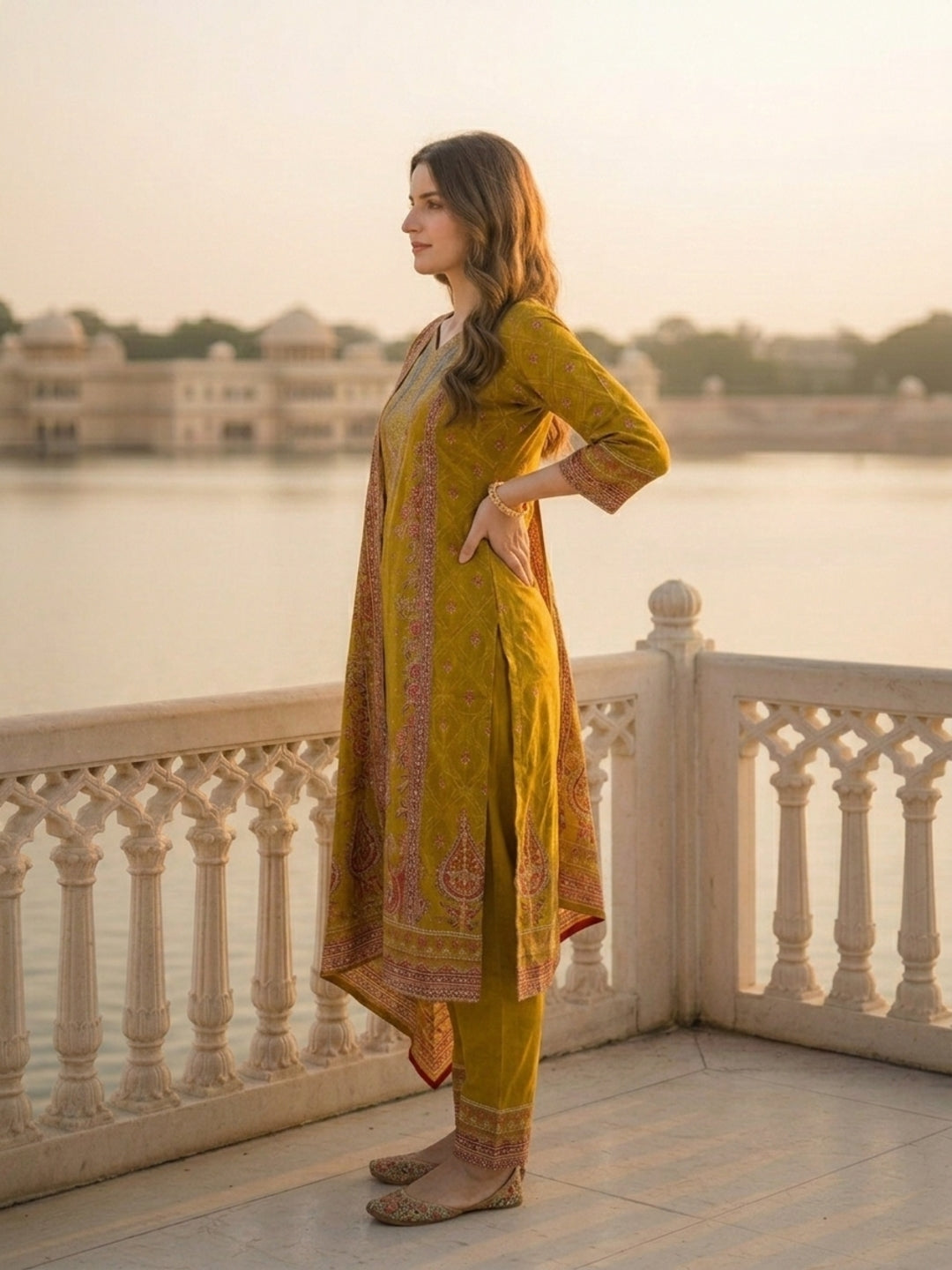 Ethnic Floral Printed Straight Kurta with Pant & Dupatta - Olive Green
