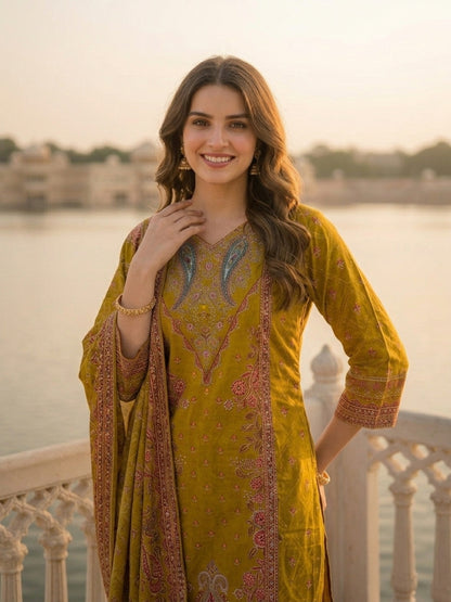Ethnic Floral Printed Straight Kurta with Pant & Dupatta - Olive Green