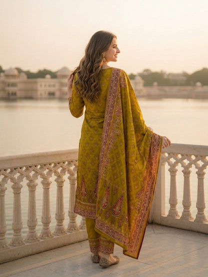 Ethnic Floral Printed Straight Kurta with Pant & Dupatta - Olive Green