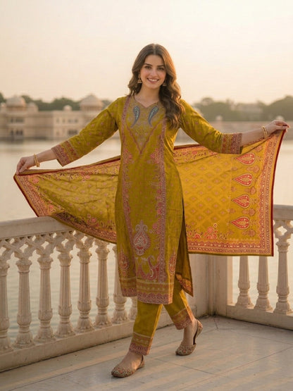 Ethnic Floral Printed Straight Kurta with Pant & Dupatta - Olive Green