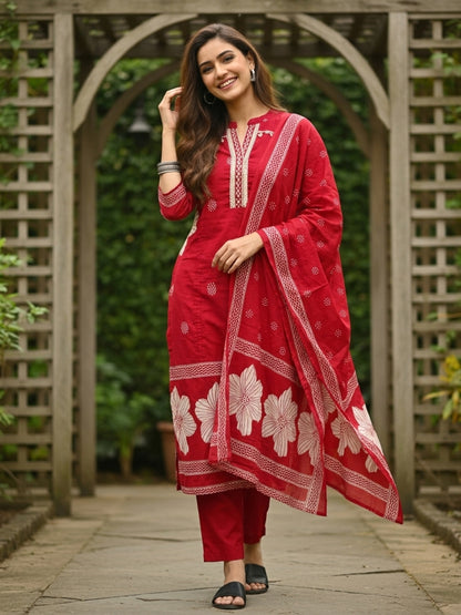 Abstract Floral Printed & Mirror Work Straight Kurta with Pant & Dupatta - Red
