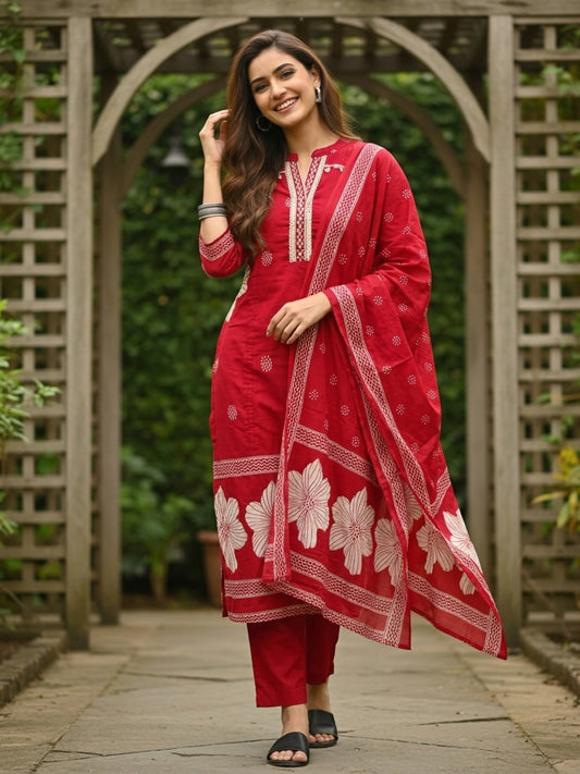 Abstract Floral Printed & Mirror Work Straight Kurta with Pant & Dupatta - Red