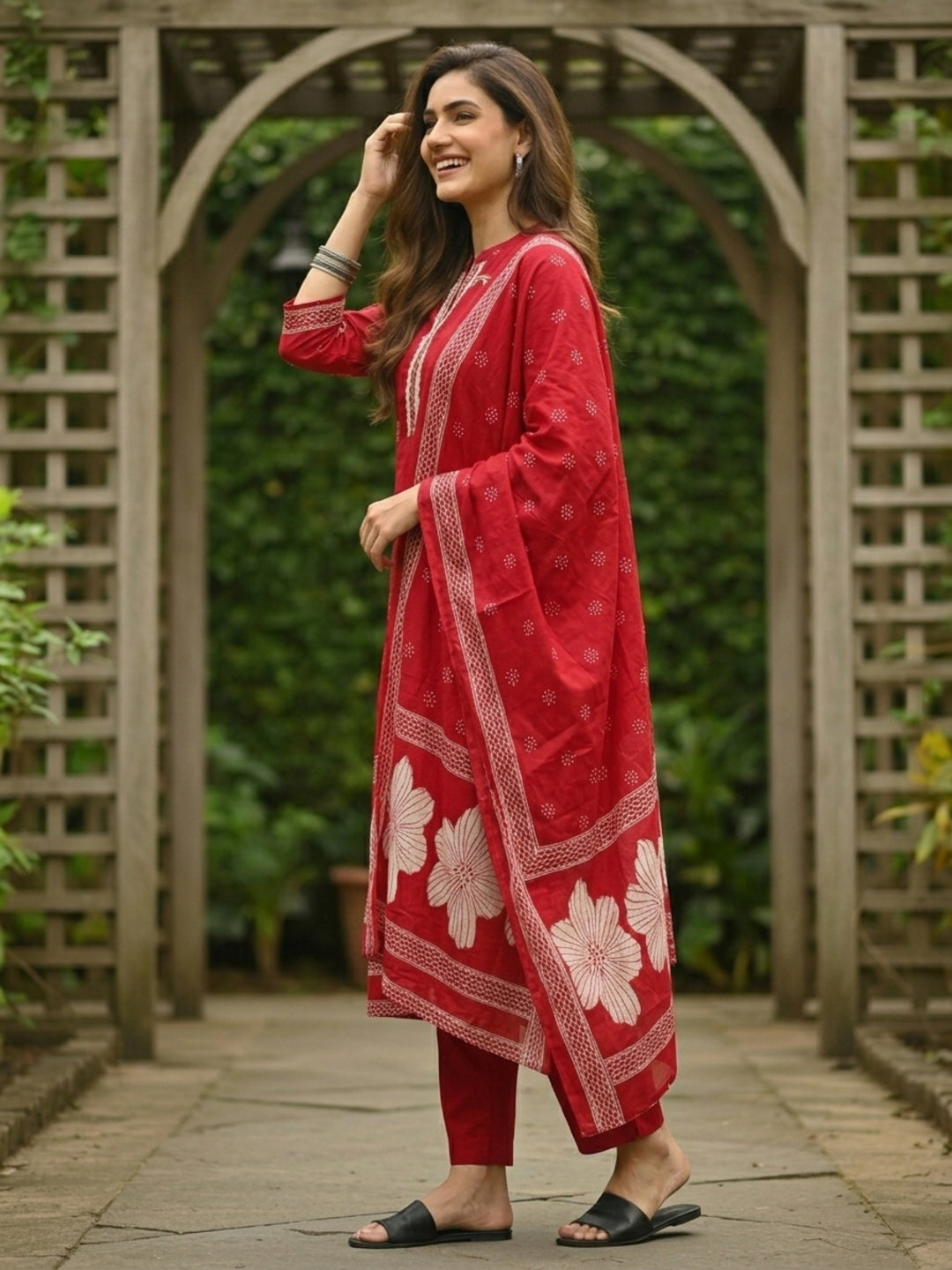 Abstract Floral Printed & Mirror Work Straight Kurta with Pant & Dupatta - Red