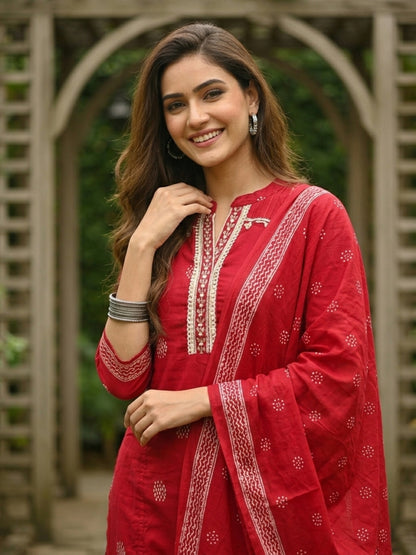 Abstract Floral Printed & Mirror Work Straight Kurta with Pant & Dupatta - Red