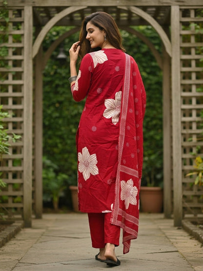 Abstract Floral Printed & Mirror Work Straight Kurta with Pant & Dupatta - Red
