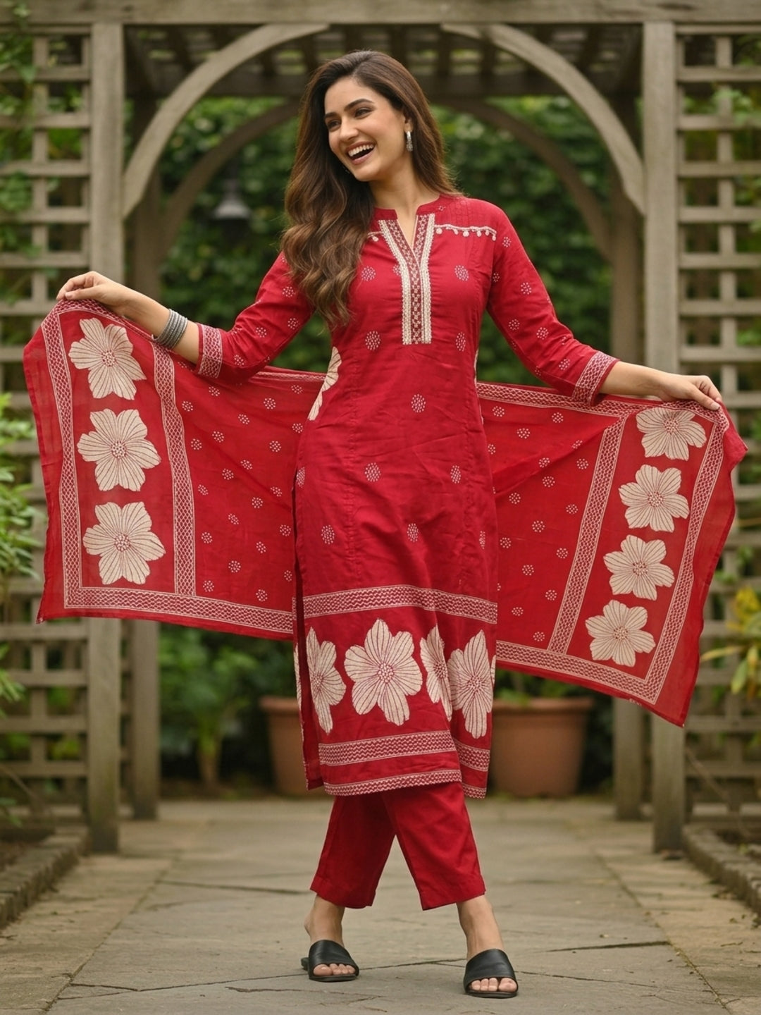 Abstract Floral Printed & Mirror Work Straight Kurta with Pant & Dupatta - Red