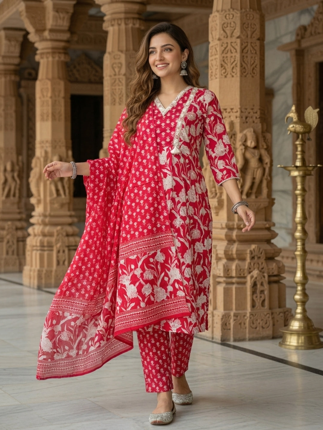 Ethnic Floral Printed & Embroidered A-Line Kurta with Pant & Dupatta - Red