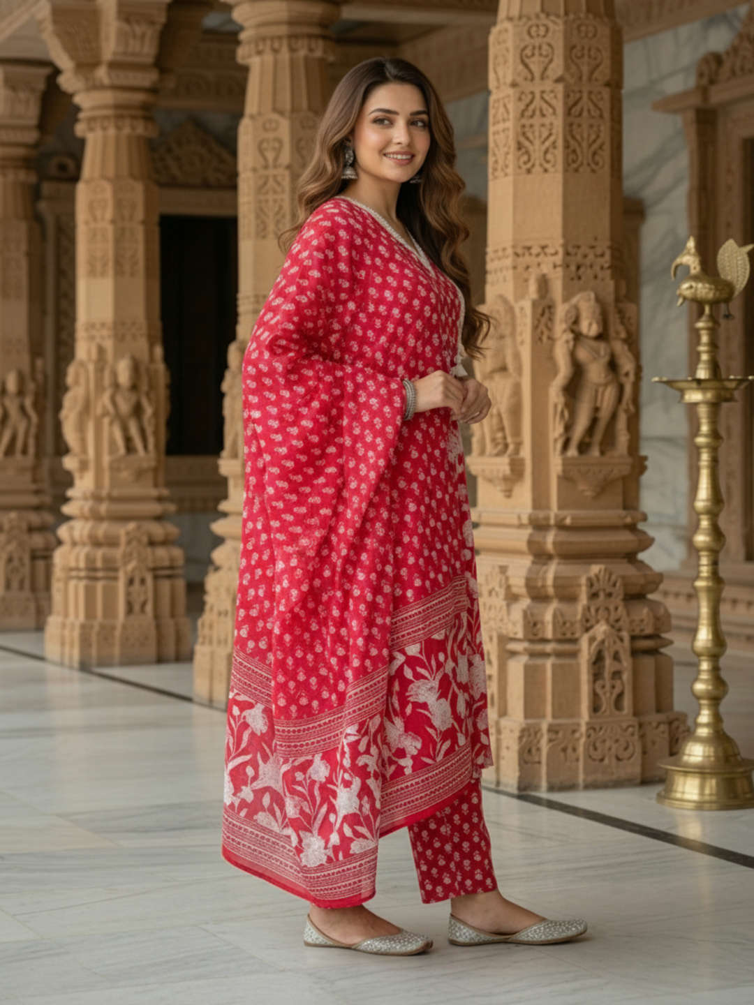 Ethnic Floral Printed & Embroidered A-Line Kurta with Pant & Dupatta - Red