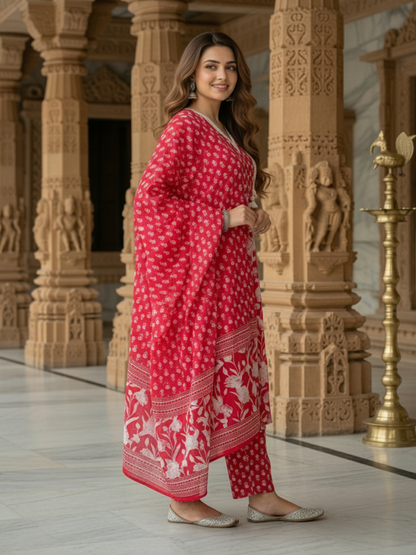 Ethnic Floral Printed & Embroidered A-Line Kurta with Pant & Dupatta - Red