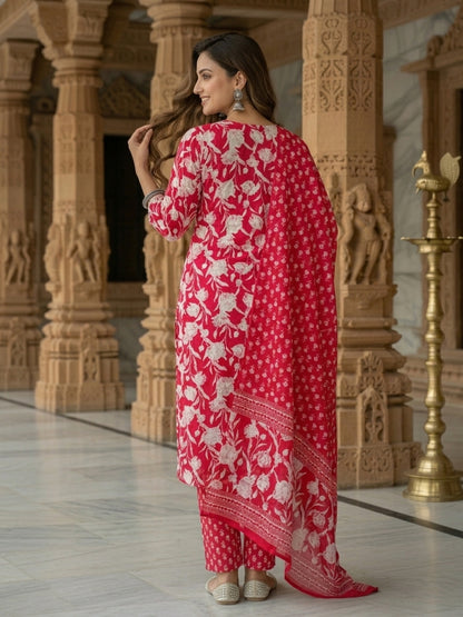 Ethnic Floral Printed & Embroidered A-Line Kurta with Pant & Dupatta - Red