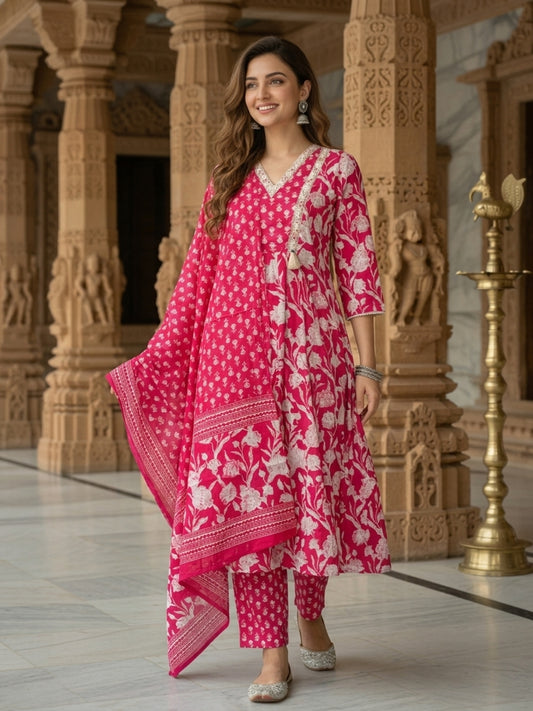 Ethnic Floral Printed & Embroidered A-Line Kurta with Pant & Dupatta - Red