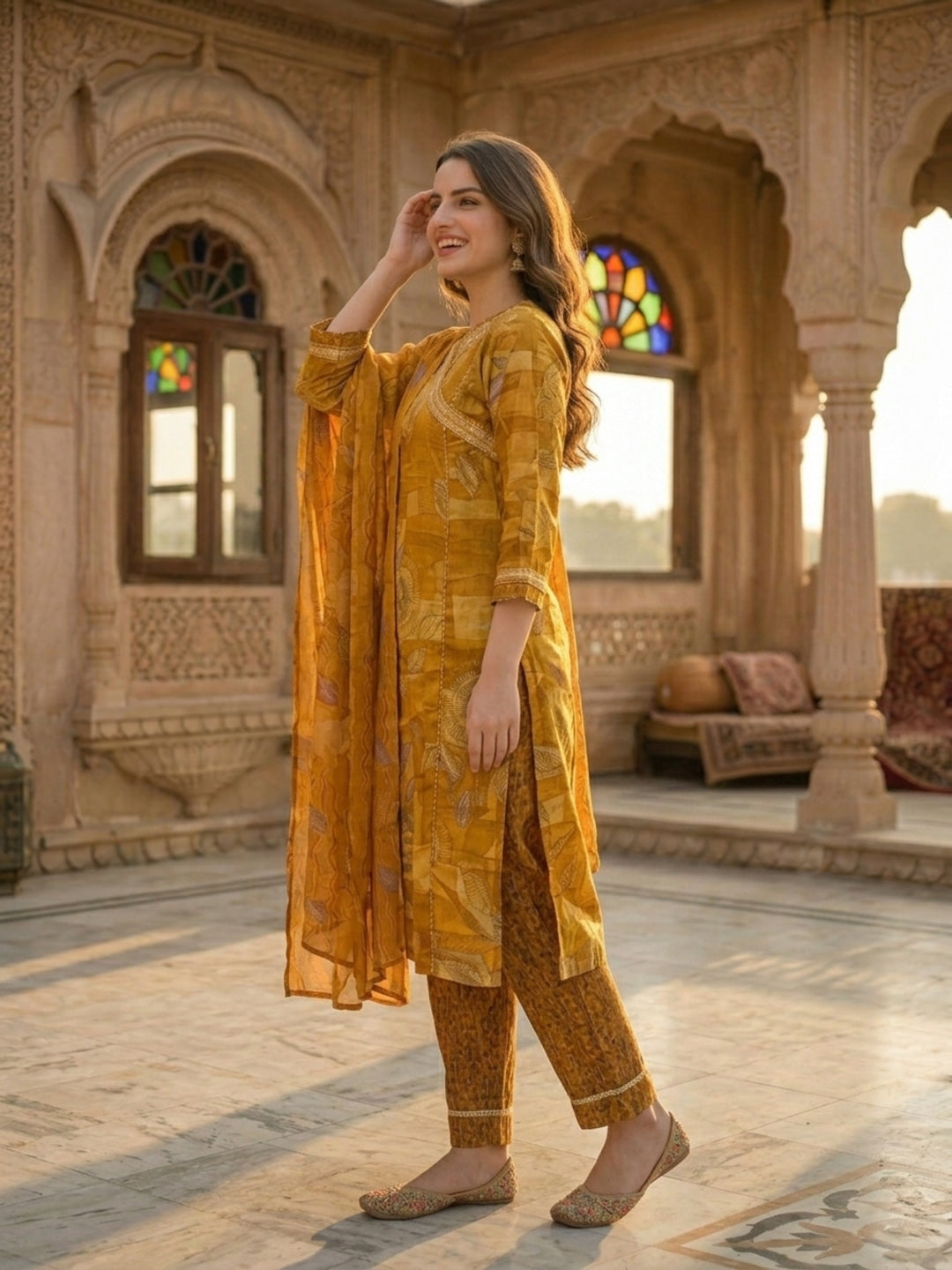 Abstract Leaf Printed & Mirror Work Straight Kurta with Pant & Dupatta - Mustard