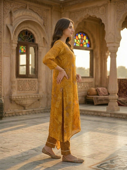 Abstract Leaf Printed & Mirror Work Straight Kurta with Pant & Dupatta - Mustard