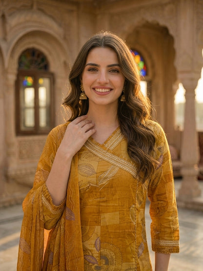 Abstract Leaf Printed & Mirror Work Straight Kurta with Pant & Dupatta - Mustard