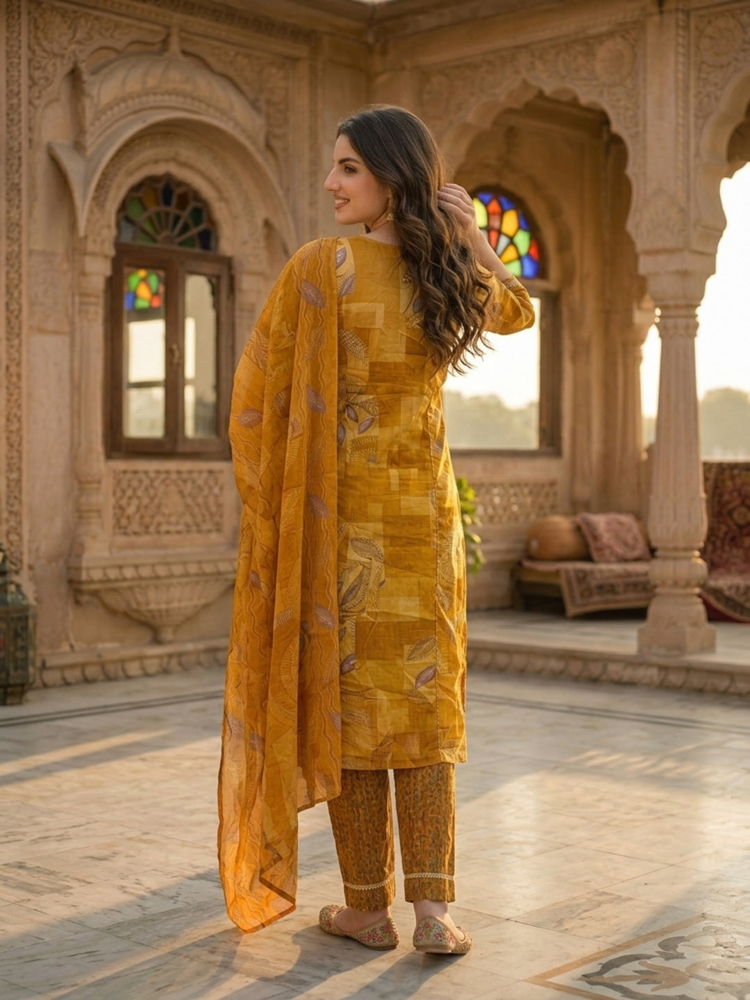 Abstract Leaf Printed & Mirror Work Straight Kurta with Pant & Dupatta - Mustard