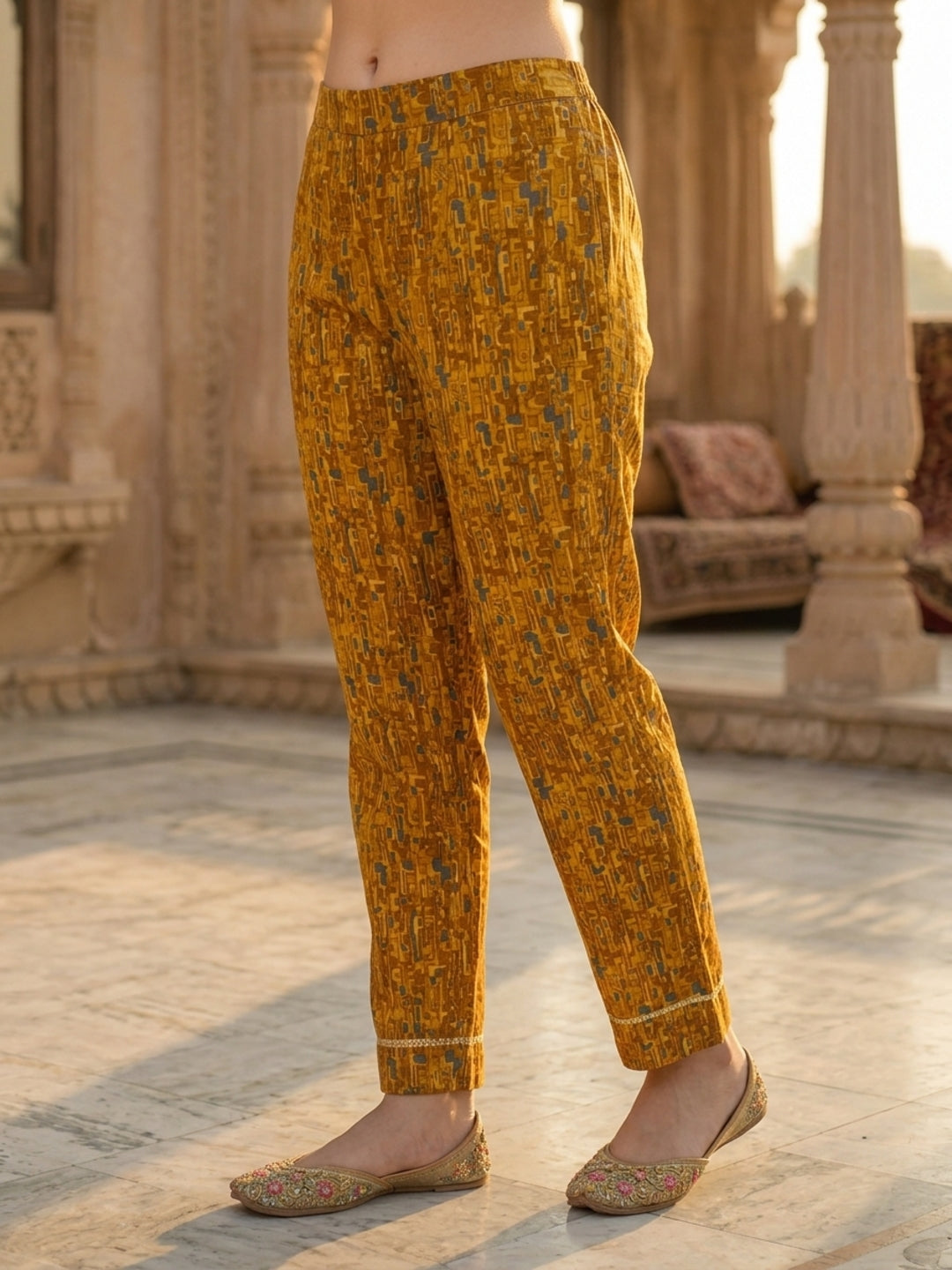 Abstract Leaf Printed & Mirror Work Straight Kurta with Pant & Dupatta - Mustard