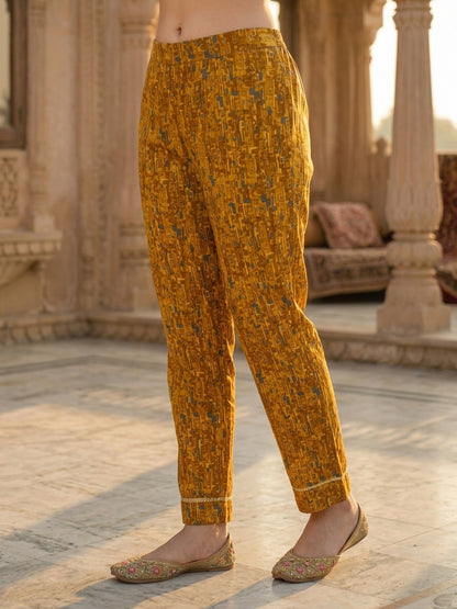 Abstract Leaf Printed & Mirror Work Straight Kurta with Pant & Dupatta - Mustard