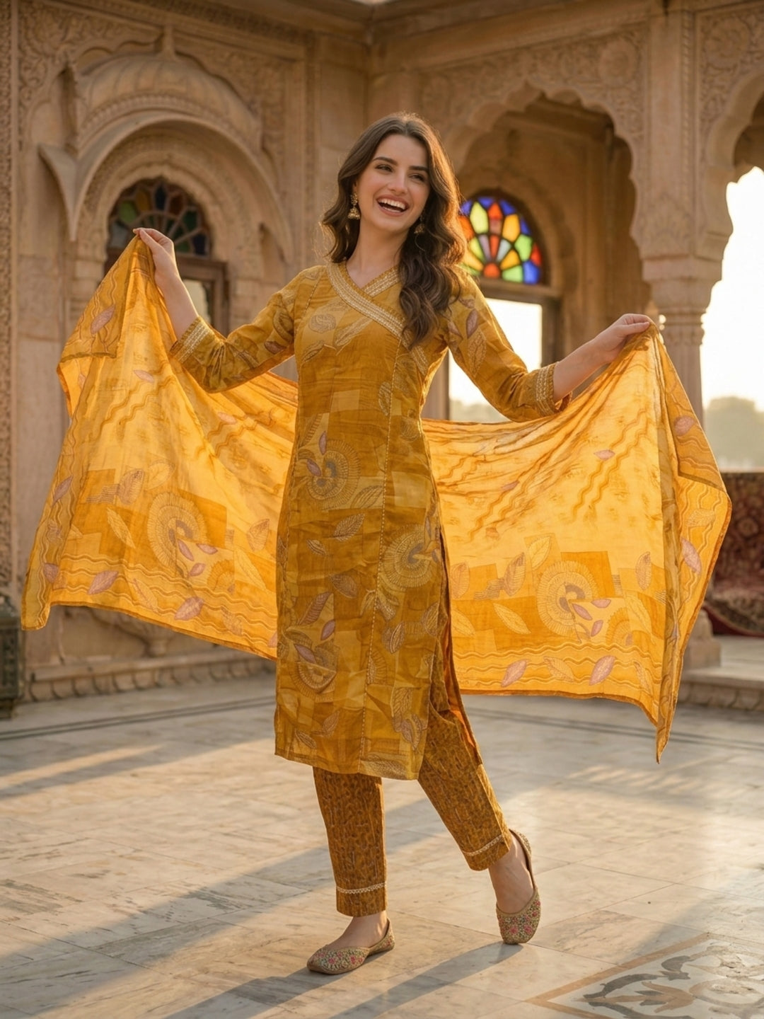 Abstract Leaf Printed & Mirror Work Straight Kurta with Pant & Dupatta - Mustard