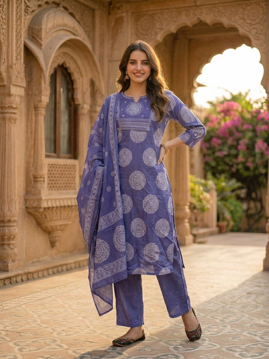 Ethnic Printed & Mirror Work Straight Kurta with Pant & Dupatta - Purple