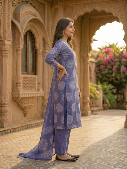 Ethnic Printed & Mirror Work Straight Kurta with Pant & Dupatta - Purple