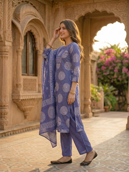 Ethnic Printed & Mirror Work Straight Kurta with Pant & Dupatta - Purple