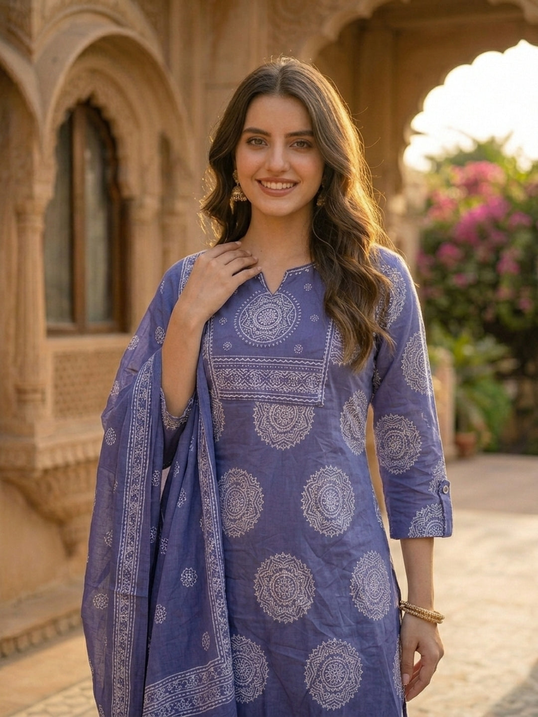 Ethnic Printed & Mirror Work Straight Kurta with Pant & Dupatta - Purple