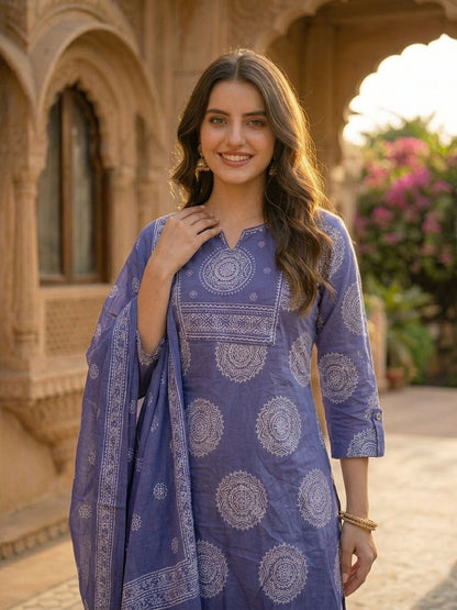 Ethnic Printed & Mirror Work Straight Kurta with Pant & Dupatta - Purple
