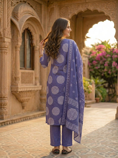 Ethnic Printed & Mirror Work Straight Kurta with Pant & Dupatta - Purple