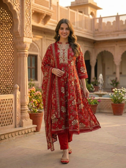 Floral Printed & Embroidered Anarkali Kurta with Pant & Dupatta - Red