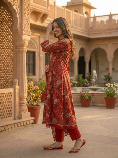 Floral Printed & Embroidered Anarkali Kurta with Pant & Dupatta - Red
