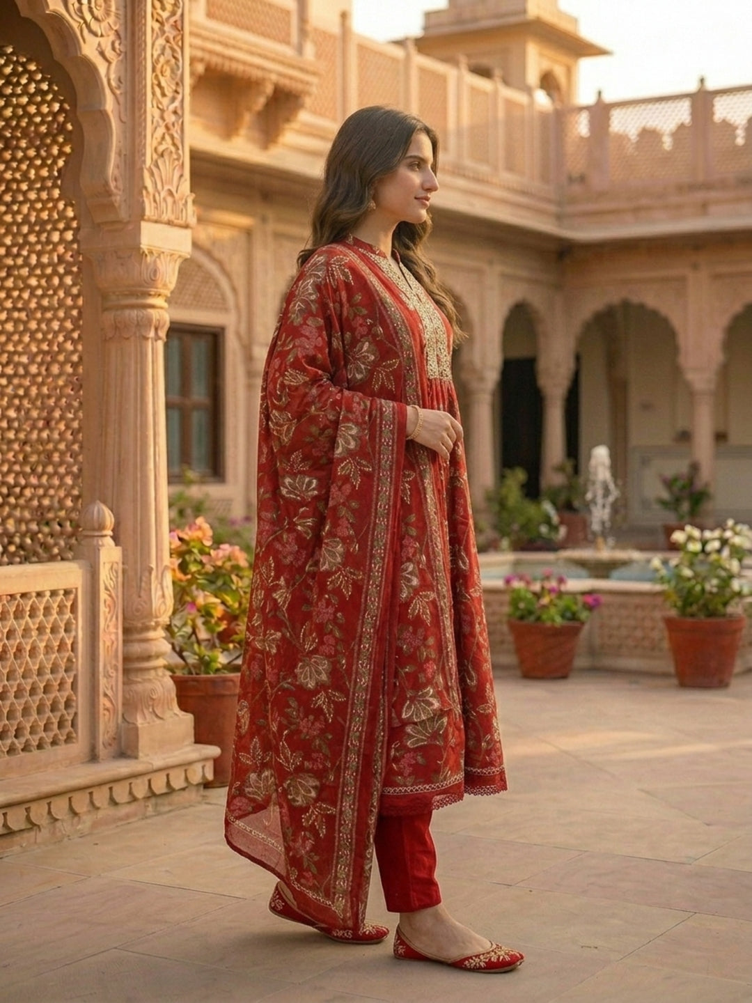 Floral Printed & Embroidered Anarkali Kurta with Pant & Dupatta - Red